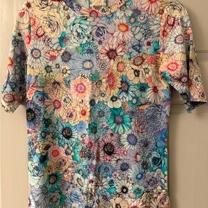 Johnny Was Multicolor Floral Short Sleeve Tee with Teal Accents